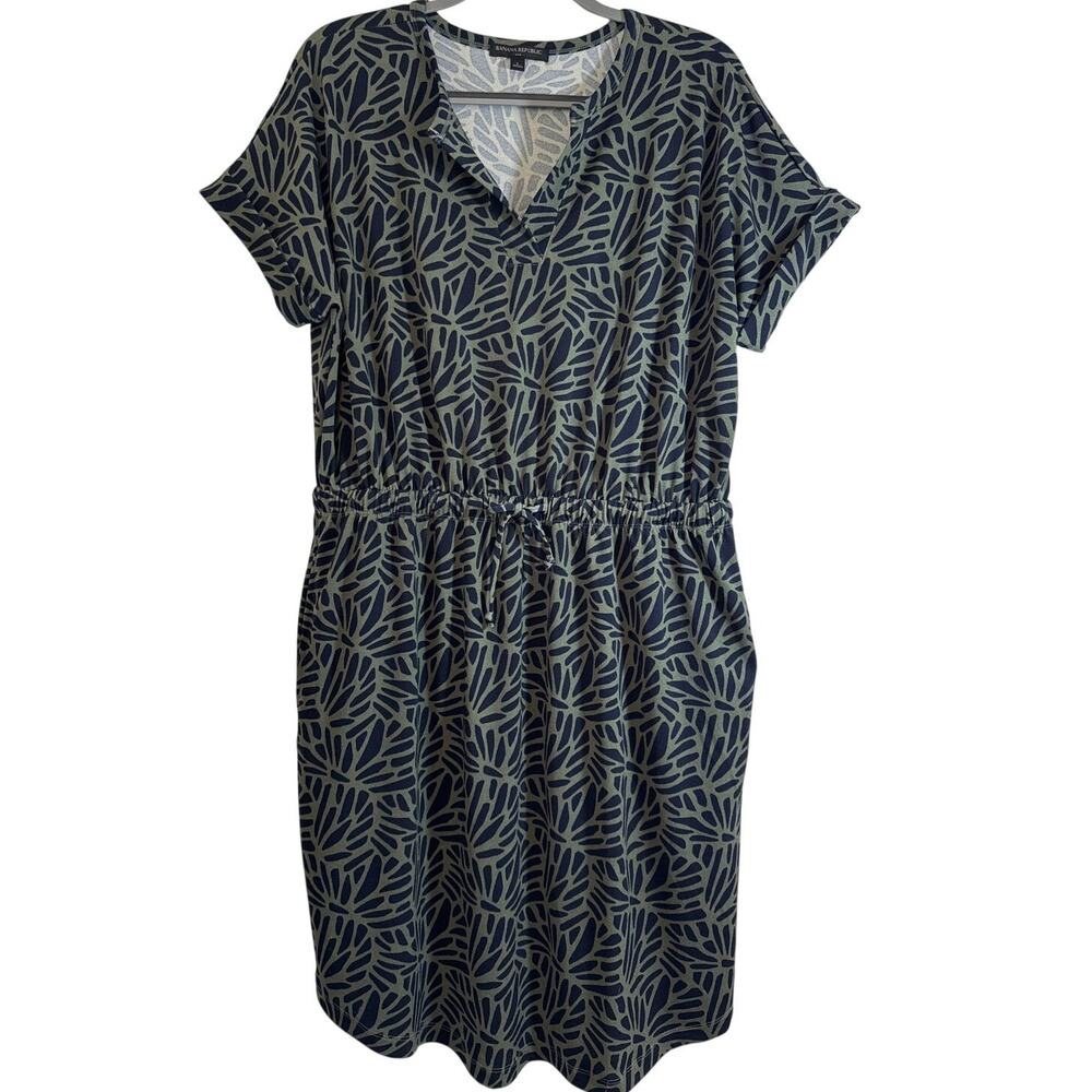 Banana Republic Large Olive, Green & Navy V-neck Dress, Cuffed, Short Sleeves